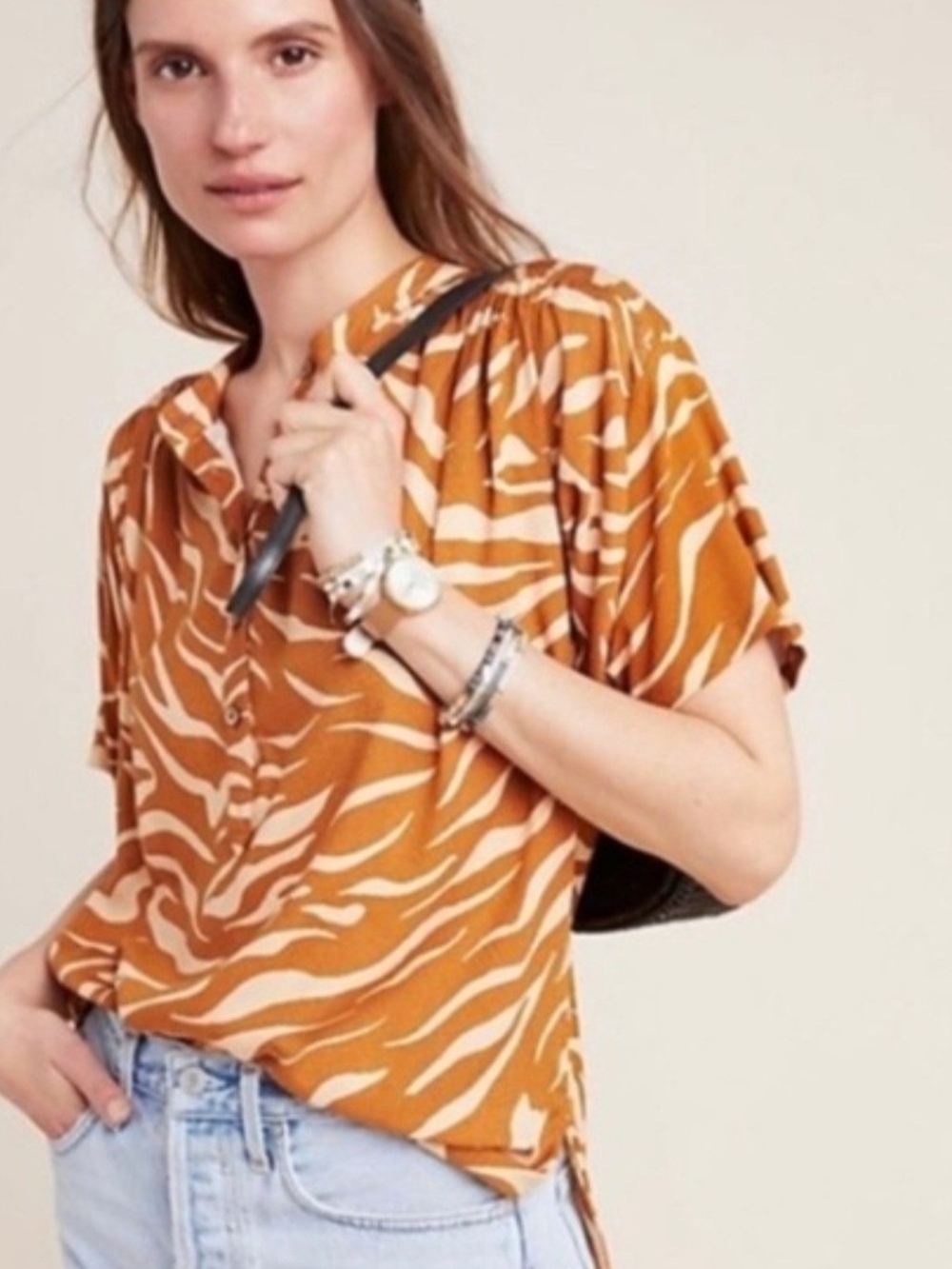 Anthropologie Maeve Windham Zebra Stripe Tunic in Cedar Orange. Henley Neckline
